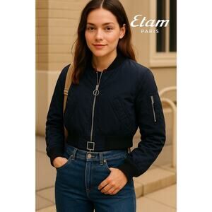 Etam Paris Dark Blue Cropped Zippered Jacket Sz. 36